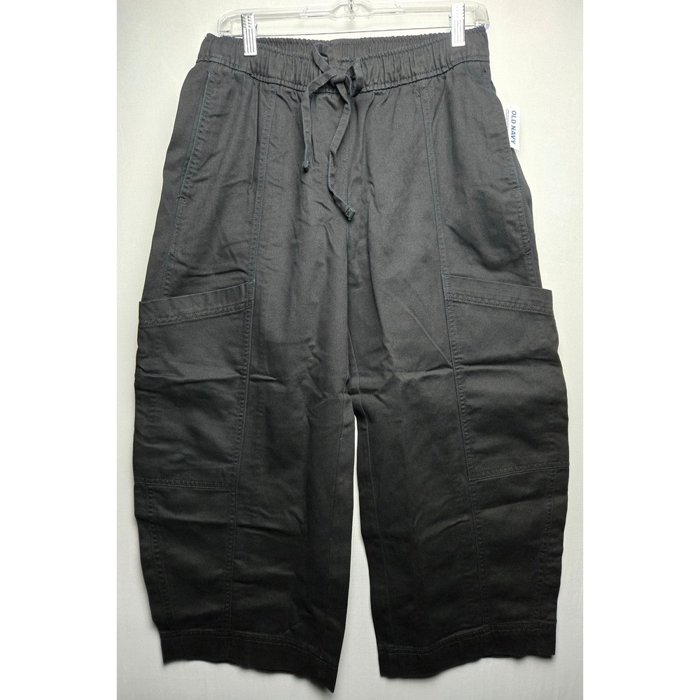 Old Navy Mid-Rise Barrel Leg Pants Black Cotton Petite Small Drawstring Pockets